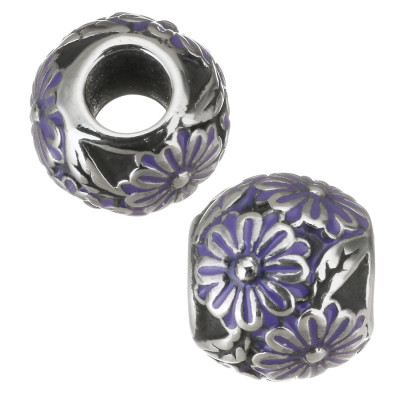 Bead with purple enamel flower made of surgical steel