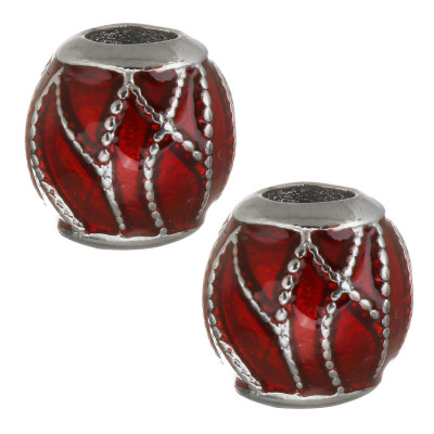 Red bead decorated with ornament made of surgical steel