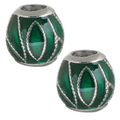 Red bead decorated with ornament made of surgical steel