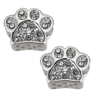 Paw-shaped bead decorated with rhinestones made of surgical steel