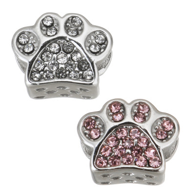 Paw-shaped bead decorated with rhinestones made of surgical steel