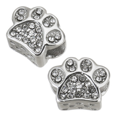 Paw-shaped bead decorated with rhinestones made of surgical steel