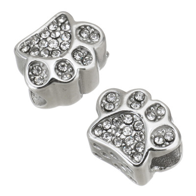 Paw-shaped bead decorated with rhinestones made of surgical steel