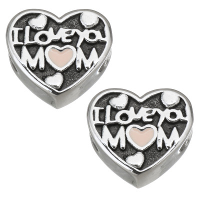 Bead heart I love You Mom and pink heart surgical steel