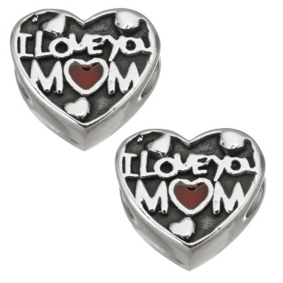 Korálek srdíčko I love You Mom a růžovým nebo červeným srdíčkem chirurgická ocel