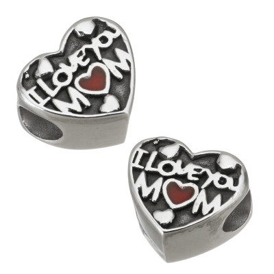 Bead heart I love You Mom and pink heart surgical steel