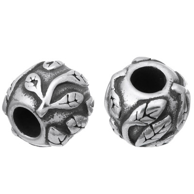 Bead decorated with leafs made of surgical steel