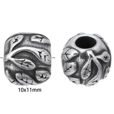 Bead decorated with leafs made of surgical steel