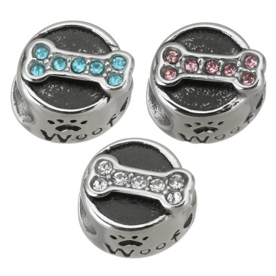 Korálek miska s kostičkou a nápisem Woof ve třech barecných kombinacích z chirurgické oceli