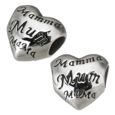 Bead heart with lettering Mamma, Mum, Mama from surgical steel