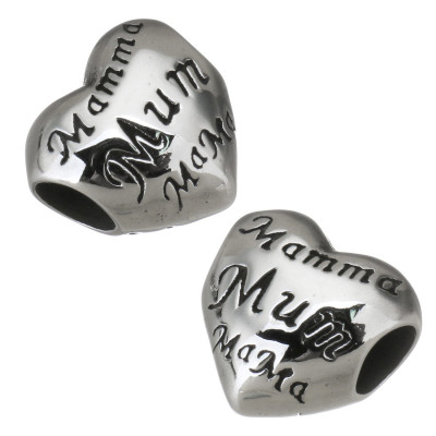 Bead heart with lettering Mamma, Mum, Mama from surgical steel