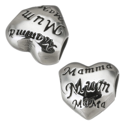 Bead heart with lettering Mamma, Mum, Mama from surgical steel