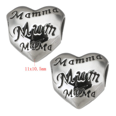 Bead heart with lettering Mamma, Mum, Mama from surgical steel