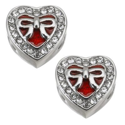 Heart bead with bow in two color combinations of surgical steel