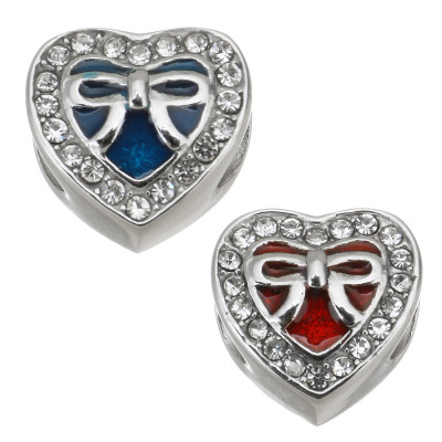 Heart bead with bow in two color combinations of surgical steel