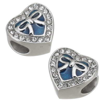 Heart bead with bow in two color combinations of surgical steel