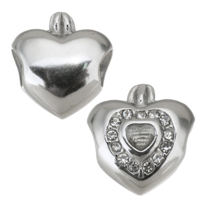 Heart bead with crown in two color combinations of surgical steel