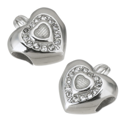 Heart bead with crown in two color combinations of surgical steel