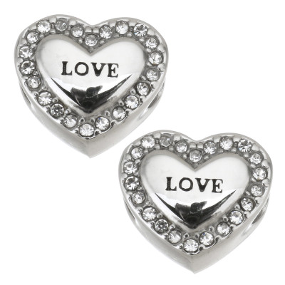 Heart bead with pink rhinestones and LOVE inscription made of surgical steel