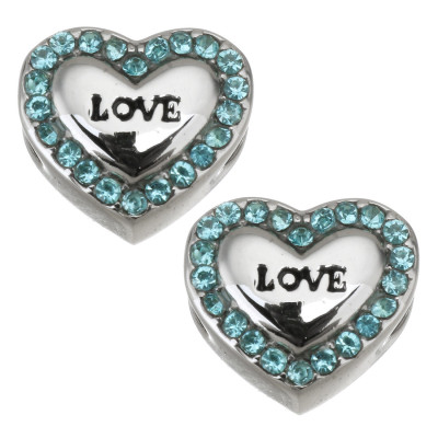 Heart bead with pink rhinestones and LOVE inscription made of surgical steel