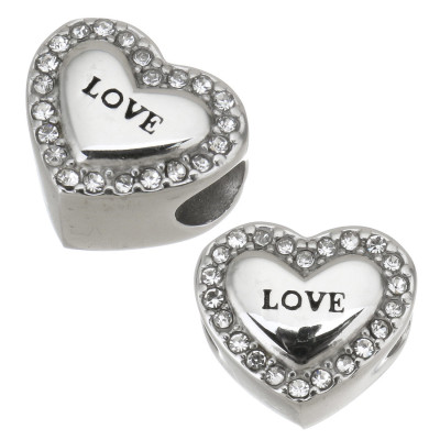 Heart bead with pink rhinestones and LOVE inscription made of surgical steel