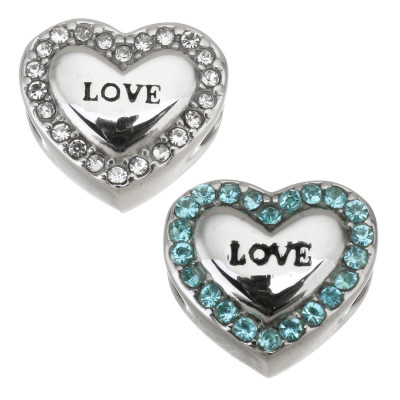 Heart bead with pink rhinestones and LOVE inscription made of surgical steel
