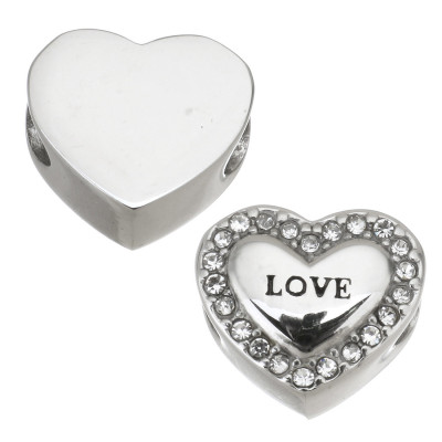 Heart bead with pink rhinestones and LOVE inscription made of surgical steel