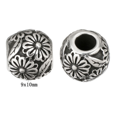 Bead with a flower antique silver patina surgical steel