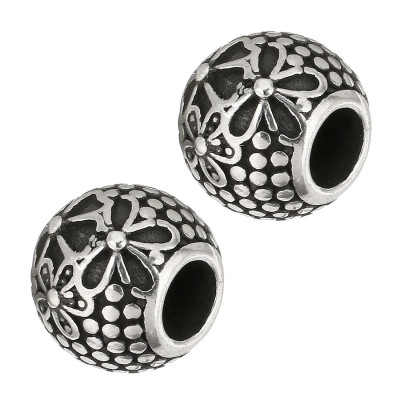 Bead with a flower antique silver patina surgical steel