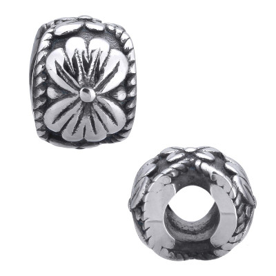 Bead with flower ornament in antique silver patina of surgical steel