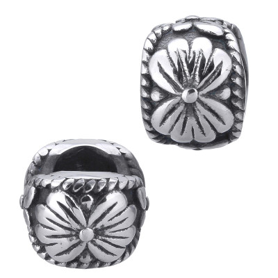 Bead with flower ornament in antique silver patina of surgical steel