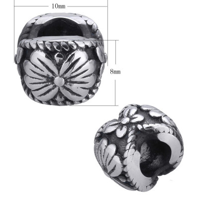 Bead with flower ornament in antique silver patina of surgical steel