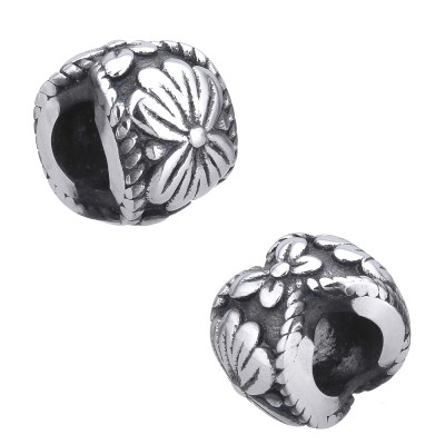 Bead with flower ornament in antique silver patina of surgical steel