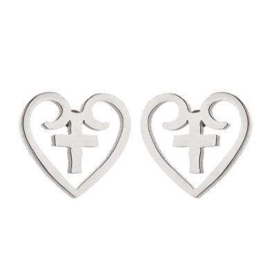 Heart earrings with a cross, surgical steel