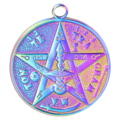 Pendant wheel with star and symbols surgical steel