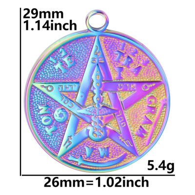 Pendant wheel with star and symbols surgical steel