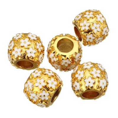 Bead in gold galvanization white enamel flowers surgical steel
