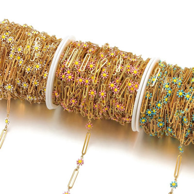 Paperclip Chain with Enamel Flower Links
