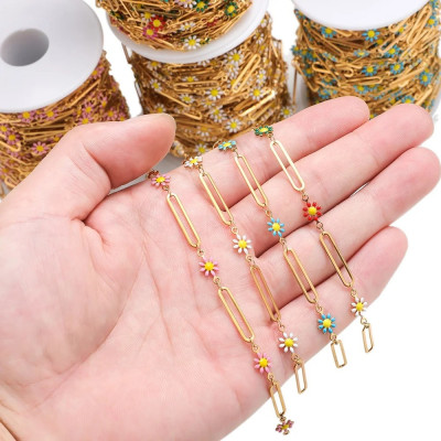 Paperclip Chain with Enamel Flower Links