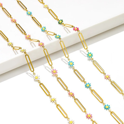 Paperclip Chain with Enamel Flower Links