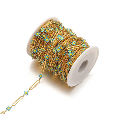 Řetízkovina Paperclip s barevným smaltovaným květem – zlatá galvanizace