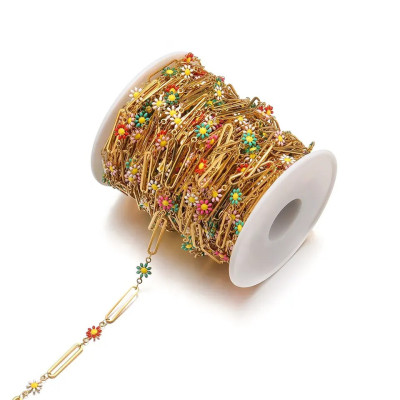 Paperclip Chain with Enamel Flower Links