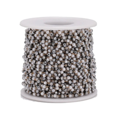 Chain fabric with white pearls and fireflies, surgical steel