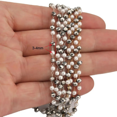 Chain fabric with white pearls and fireflies, surgical steel