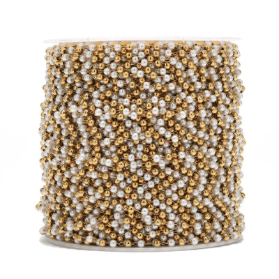 Řetízkovina s bílými perličkami a korálky chirurgická ocel zlatá galva