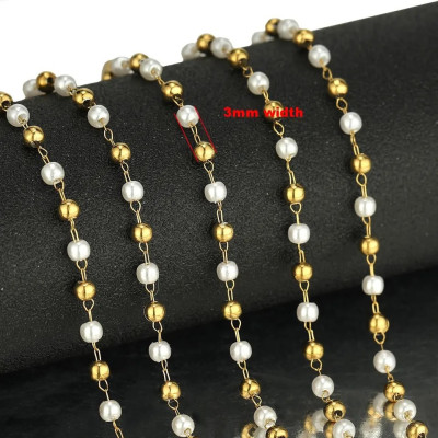 Chain fabric with white pearls and beads surgical steel gold galva
