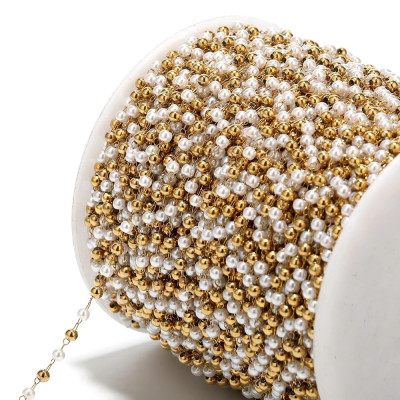 Chain fabric with white pearls and beads surgical steel gold galva