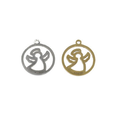 Angel pendant in a wheel in two color combinations, surgical steel