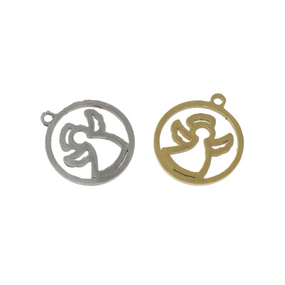 Angel pendant in a wheel in two color combinations, surgical steel