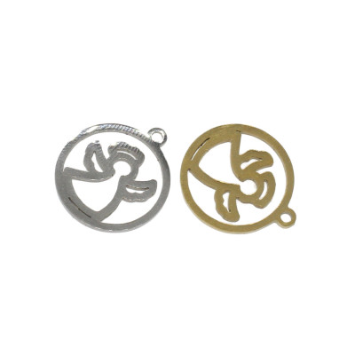 Angel pendant in a wheel in two color combinations, surgical steel